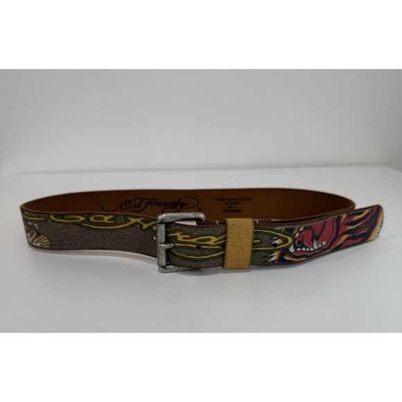 Ed Hardy Other - Ed Hardy Distressed Panther Graphic Leather Belt Men's Sz Small